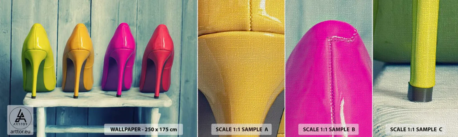 Fototapeta Próbka Premium Canvas - Spacerem po tęczy - Moda, Kobieta, Buty Damskie - 100x30 cm