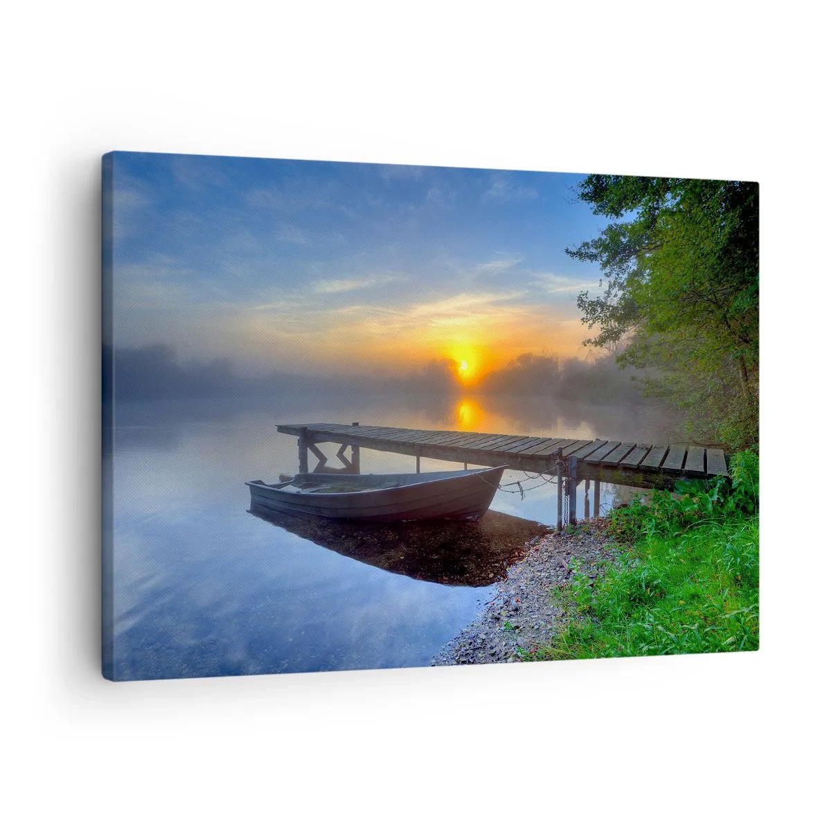 Obraz na płótnie - Pomost nad jeziorem o wschodzie słońca z łodzią przy brzegu - 70x50cm - Jak zwyczajne zamienia się w magiczne - Nowoczesna dekoracja ścienna do salonu i sypialni ARTTOR