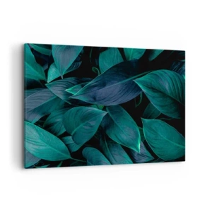 Obraz na płótnie - Zbliżenie na zielone liście z ciemnym tłem - 100x70cm - Zieleń sama w sobie - Nowoczesna dekoracja ścienna do salonu, kuchni i sypialni ARTTOR