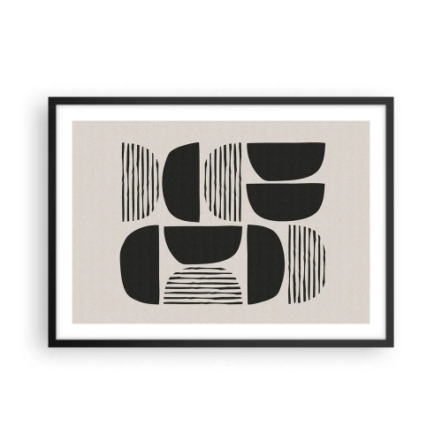Plakat w czarnej ramie - Geometria z półkolami i liniami w czerni na jasnym tle - 70x50cm - Połowiczne układy - Nowoczesna dekoracja ścienna do salonu i sypialni ARTTOR