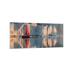 Obraz na szkle - Żaglówka z czerwonym żaglem na tle lodowca - 120x50cm - Na krańcu świata - Nowoczesna dekoracja ścienna do salonu i sypialni ARTTOR