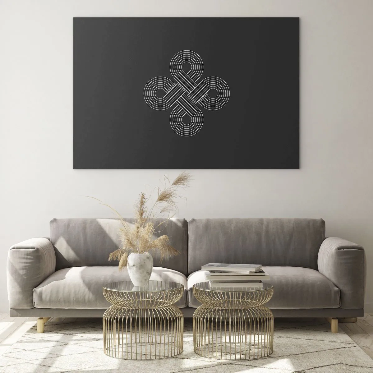 Obraz na szkle - Minimalistyczny biały symbol celtycki na czarnym tle - 70x50cm - W duchu celtyckim - Nowoczesna dekoracja ścienna do salonu i sypialni ARTTOR