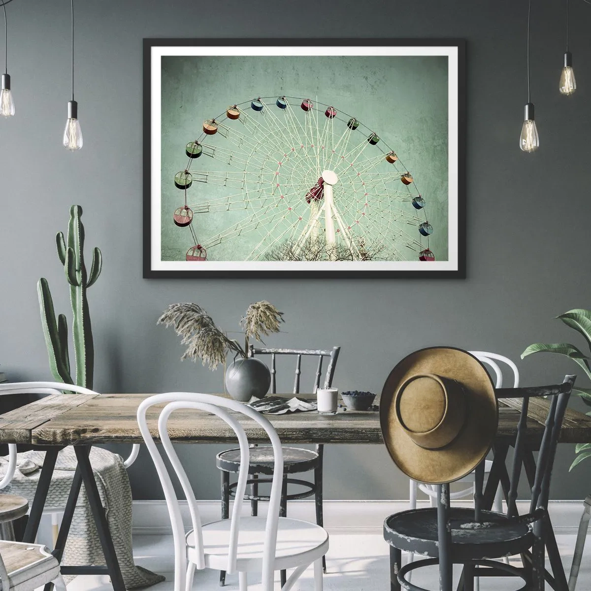 Plakat w czarnej ramie - Kolorowy diabelski młyn na tle błękitnego nieba w stylu retro - 100x70cm - Zapraszamy do zabawy - Nowoczesna dekoracja ścienna do salonu i sypialni ARTTOR