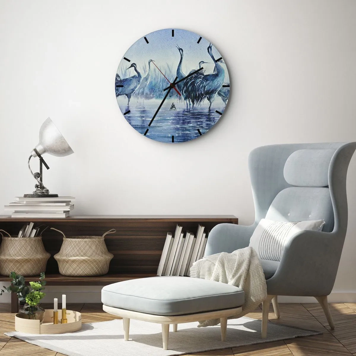 Zegar ścienny - Ptaki brodzące w wodzie namalowane akwarelą - 30x30cm - Poranne spotkanie - Nowoczesna dekoracja ścienna do salonu, kuchni i sypialni ARTTOR