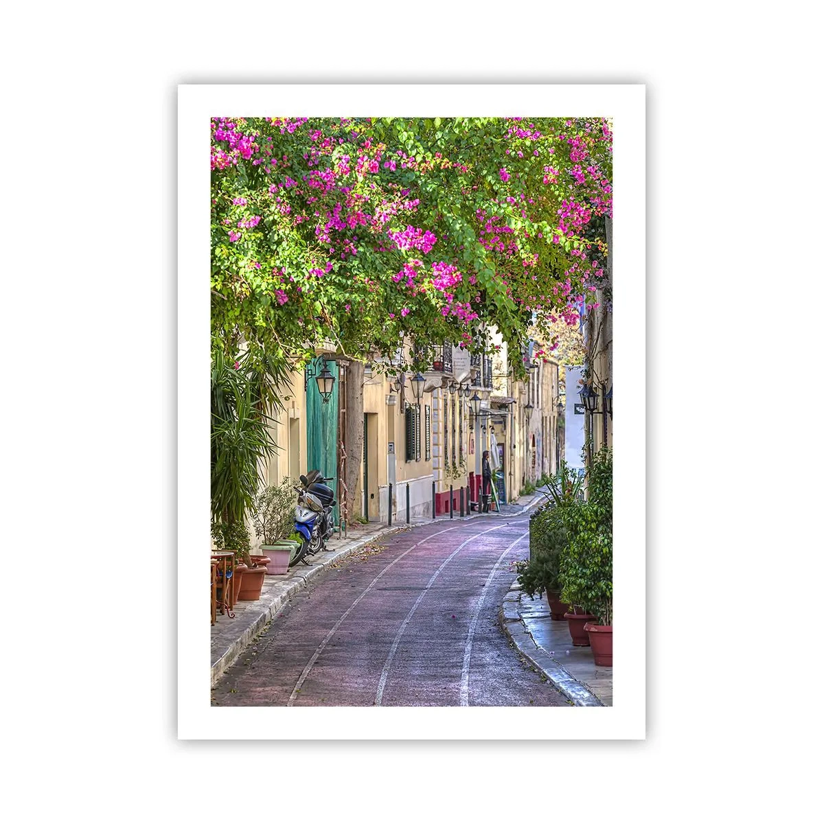 Plakat - Kolorowa uliczka z kwitnącymi kwiatami i klasyczną architekturą - 50x70cm - Kwitnący zaułek - Nowoczesna dekoracja ścienna do salonu, kuchni i sypialni ARTTOR