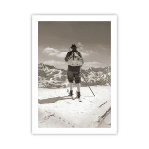 Plakat - Narciarz w retro stylu na tle gór - 50x70cm - A góry te same - Nowoczesna dekoracja ścienna do salonu, kuchni i sypialni ARTTOR