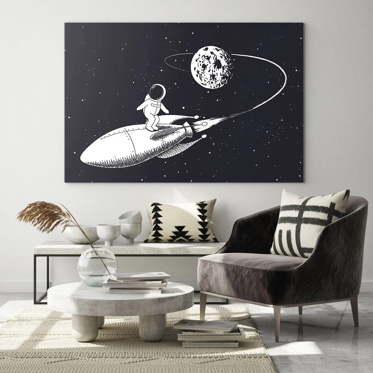 Obraz na szkle - Rysunkowy astronauta surfujący w kosmosie na rakiecie - 70x50cm - Kosmiczny surfer - Nowoczesna dekoracja ścienna do salonu i sypialni ARTTOR