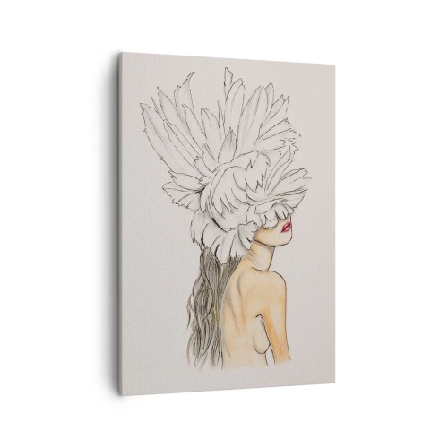 Obraz na płótnie - Kobieta z długimi włosami i pióropuszem z białych piór zasłaniającym twarz - 50x70cm - Piękność ukoronowana - Nowoczesna dekoracja ścienna do salonu, kuchni i sypialni ARTTOR