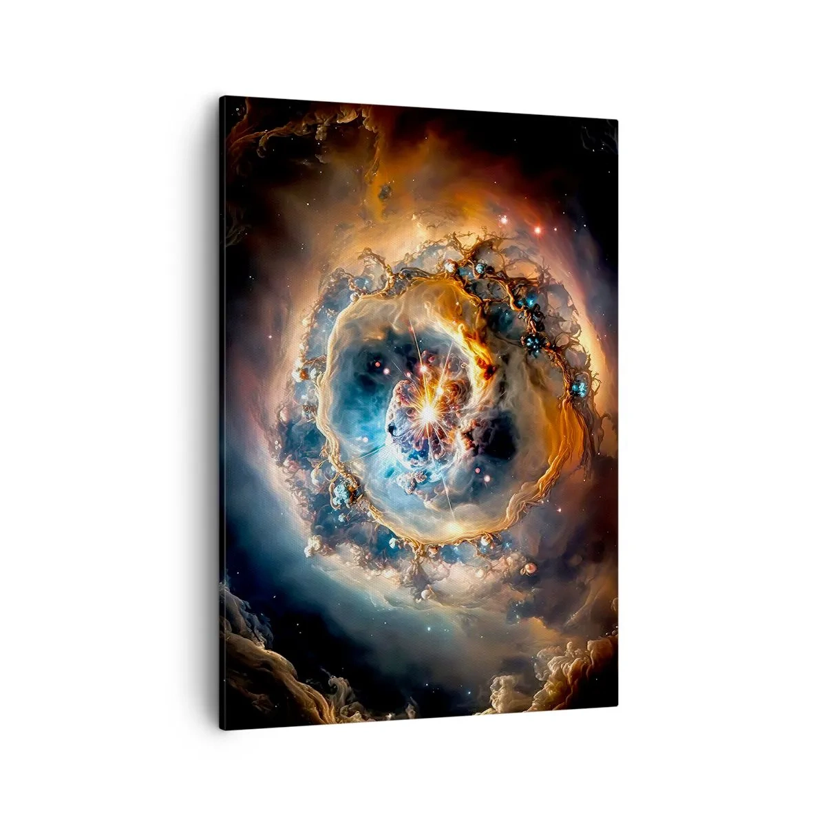 Obraz na płótnie - Kosmiczna mgławica w intensywnych odcieniach niebieskiego i złota - 50x70cm - Początek - Nowoczesna dekoracja ścienna do salonu, kuchni i sypialni ARTTOR
