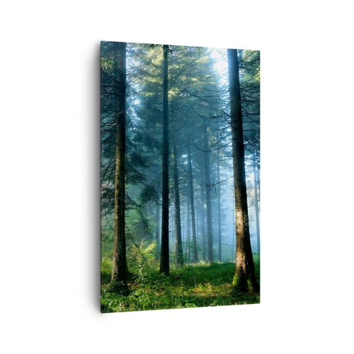Obraz na płótnie - Leśna ścieżka oświetlona promieniami porannego słońca - 80x120cm - Rozpromieniony o poranku - Nowoczesna dekoracja ścienna do salonu i sypialni ARTTOR