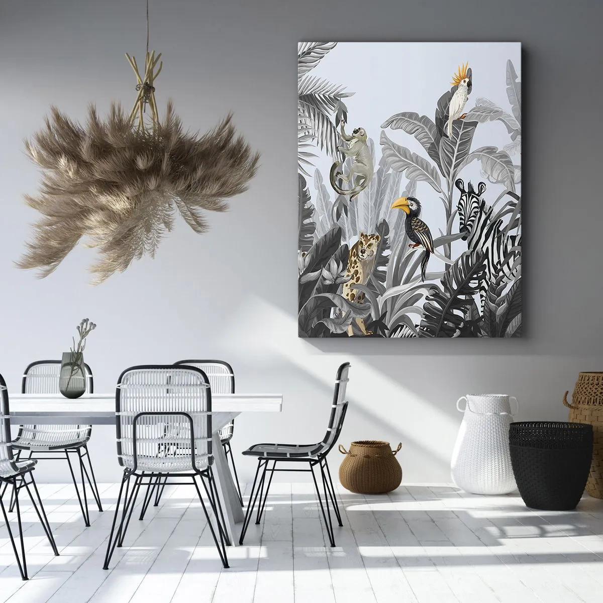 Obraz na płótnie - Egzotyczne zwierzęta w szarej dżungli - 50x70cm - Afrykańska bajka - Nowoczesna dekoracja ścienna do salonu, kuchni i sypialni ARTTOR