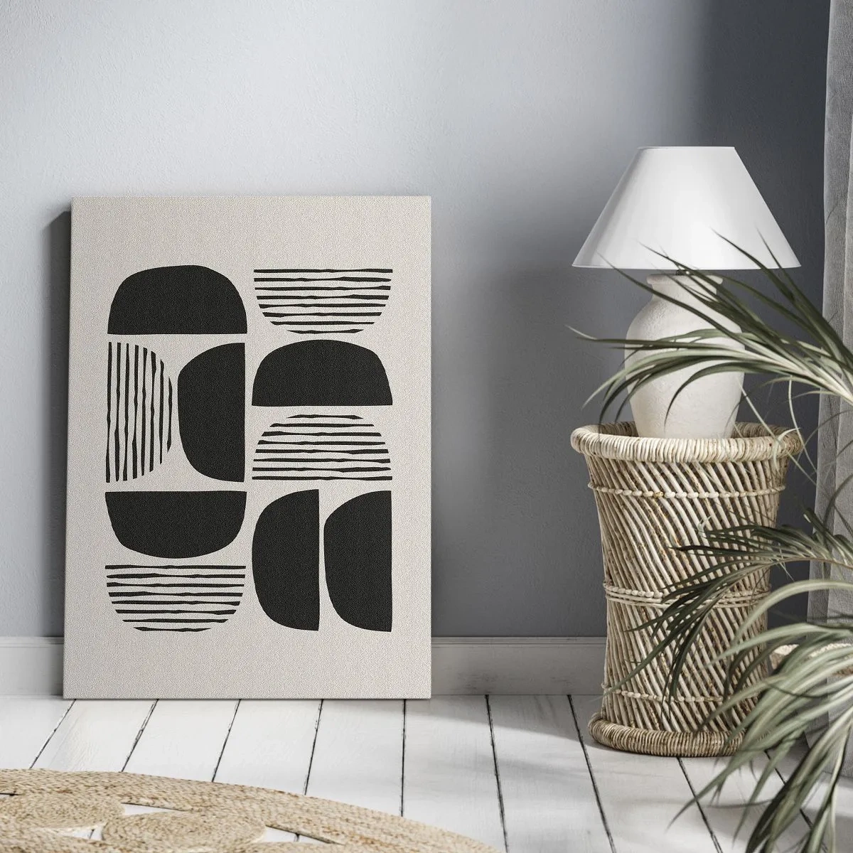 Obraz na płótnie - Geometria z półkolami i liniami w czerni na jasnym tle - 70x100cm - Połowiczne układy - Nowoczesna dekoracja ścienna do salonu i sypialni ARTTOR