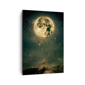 Obraz na płótnie - Fantastyczna scena z chłopcem trzymającym księżyc niczym balon - 50x70cm - Jeden taki, co ukradł Księżyc - Nowoczesna dekoracja ścienna do salonu, kuchni i sypialni ARTTOR
