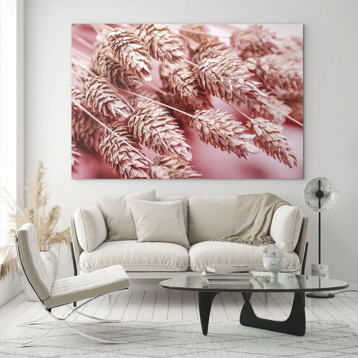 Obraz na szkle - Suszone kłosy w odcieniach różu na pastelowym tle - 120x80cm - Kwietna kaskada w różu - Nowoczesna dekoracja ścienna do salonu, kuchni i sypialni ARTTOR