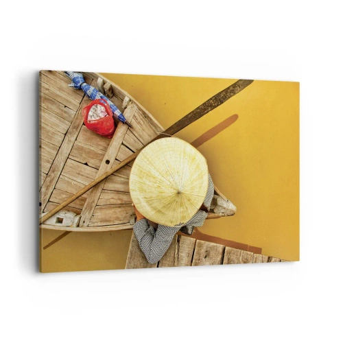 Obraz na płótnie - Tradycyjna łódź widziana z lotu ptaka - 120x80cm - Życie na żółtej rzece - Nowoczesna dekoracja ścienna do salonu, kuchni i sypialni ARTTOR