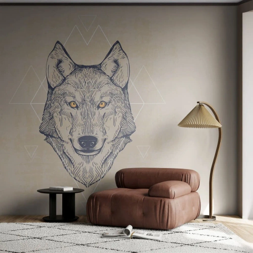 Fototapeta Premium Canvas - Geometryczny wilk na jasnym tle z minimalistycznymi wzorami - 100x70cm - Alfa o przenikliwym spojrzeniu - Nowoczesna dekoracja ścienna do salonu i sypialni ARTTOR