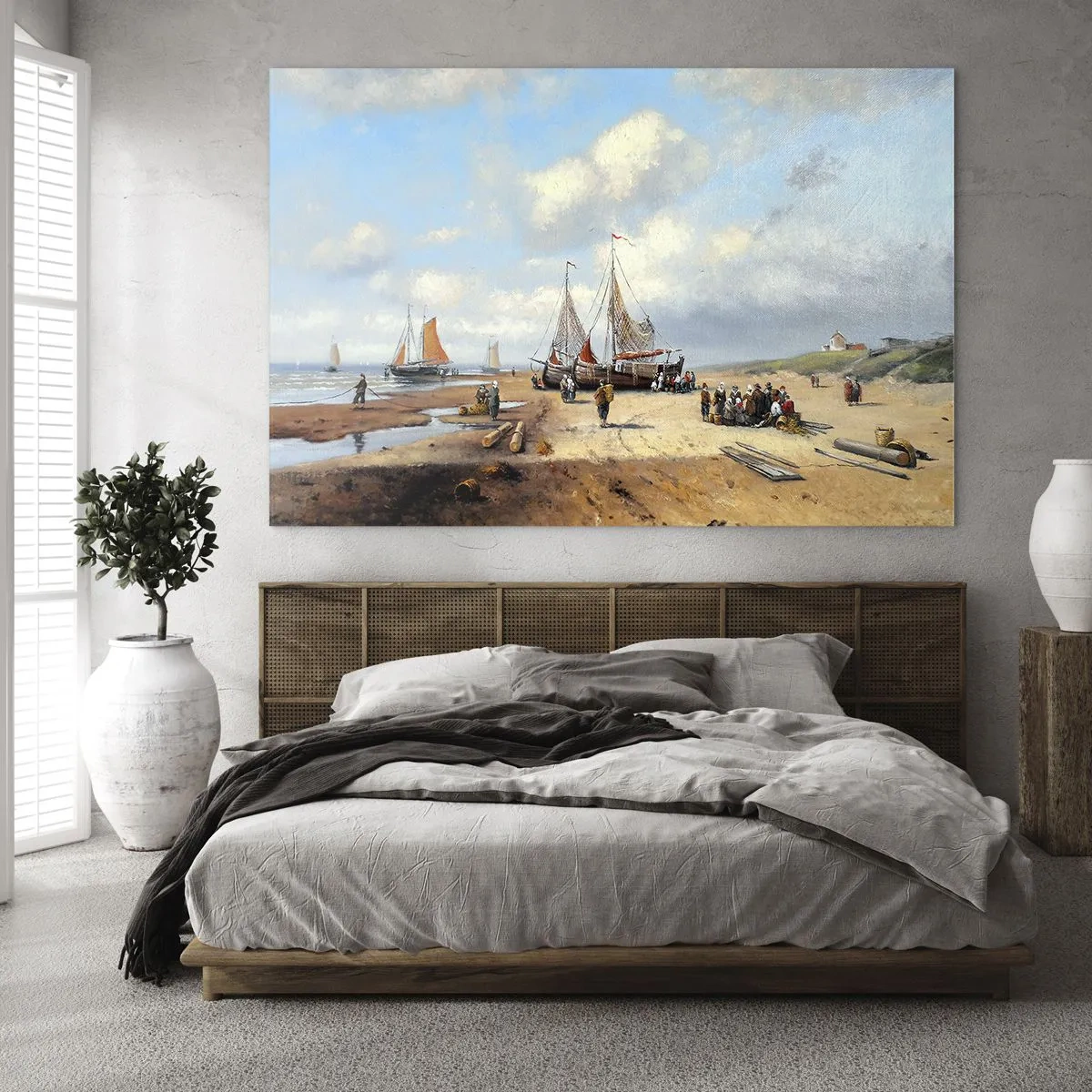 Obraz na szkle - Scena na plaży z łodziami rybackimi i ludźmi po połowie - 70x50cm - Po udanym połowie - Nowoczesna dekoracja ścienna do salonu i sypialni ARTTOR