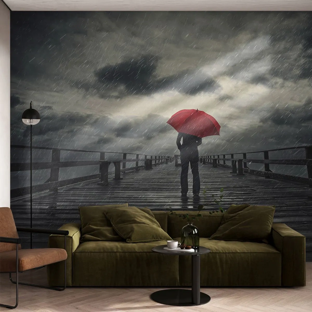 Fototapeta Premium Sand - Postać z czerwonym parasolem na deszczowym pomoście - 100x70cm - To nic, że pada - Nowoczesna dekoracja ścienna do salonu, kuchni i sypialni ARTTOR