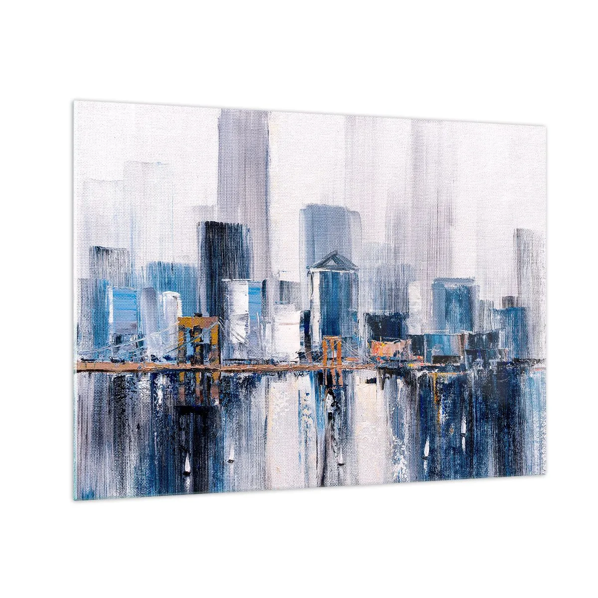 Obraz na szkle - Abstrakcyjna panorama miasta z wieżowcami i mostem w chłodnych barwach - 70x50cm - Nowojorska impresja - Nowoczesna dekoracja ścienna do salonu i sypialni ARTTOR