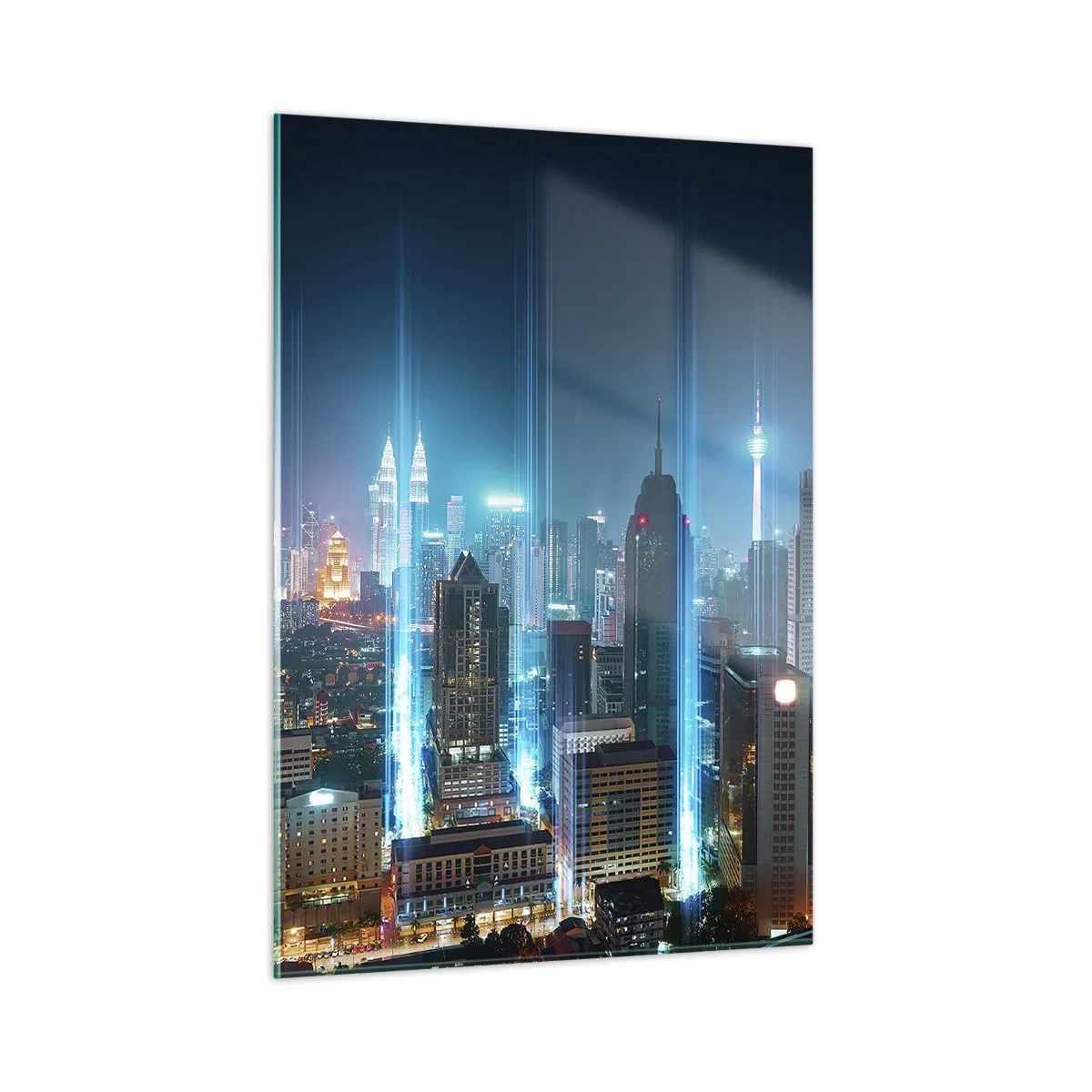 Obraz na szkle - Nocne miasto z wysokimi budynkami i świetlistymi smugami - 50x70cm - Po berlińsku do nieba - Nowoczesna dekoracja ścienna do salonu, kuchni i sypialni ARTTOR