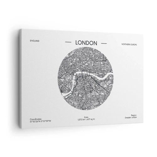 Obraz na płótnie - Minimalistyczna mapa Londynu w czarno-białej kolorystyce z precyzyjnymi detalami - 70x50cm - Anatomia Londynu - Nowoczesna dekoracja ścienna do salonu i sypialni ARTTOR