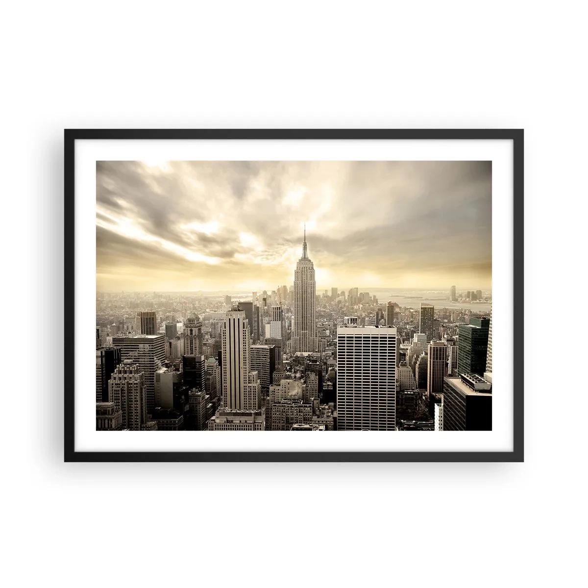 Plakat w czarnej ramie - Panorama miasta z widokiem na Empire State Building - 70x50cm - Nowy Jork utkany z szarości - Nowoczesna dekoracja ścienna do salonu i sypialni ARTTOR