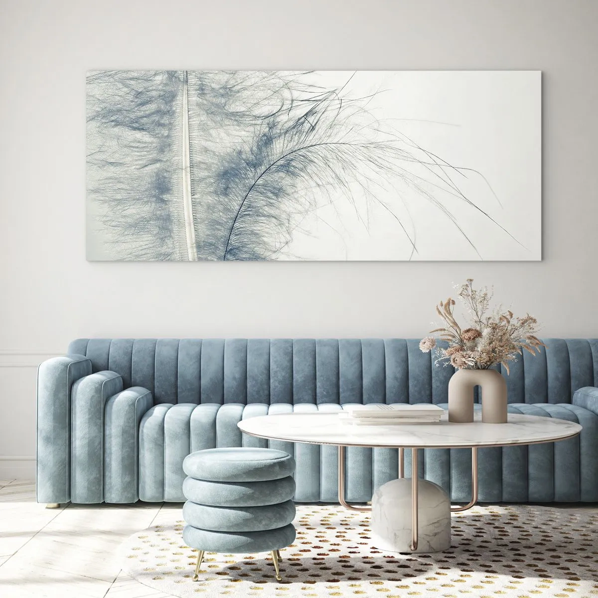 Obraz na szkle - Delikatne pióro w pastelowych odcieniach na jasnym tle - 140x50cm - Szept natury - Nowoczesna dekoracja ścienna do salonu i sypialni ARTTOR