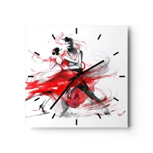 Zegar ścienny - Tancerze w dynamicznym tańcu z czerwonymi akcentami - 30x30cm - Tango - rytm namiętności - Nowoczesna dekoracja ścienna do salonu i sypialni ARTTOR