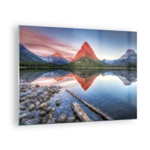Obraz na szkle - Górski szczyt odbijający się w spokojnym jeziorze - 70x50cm - Żar i chłód - Nowoczesna dekoracja ścienna do salonu i sypialni ARTTOR