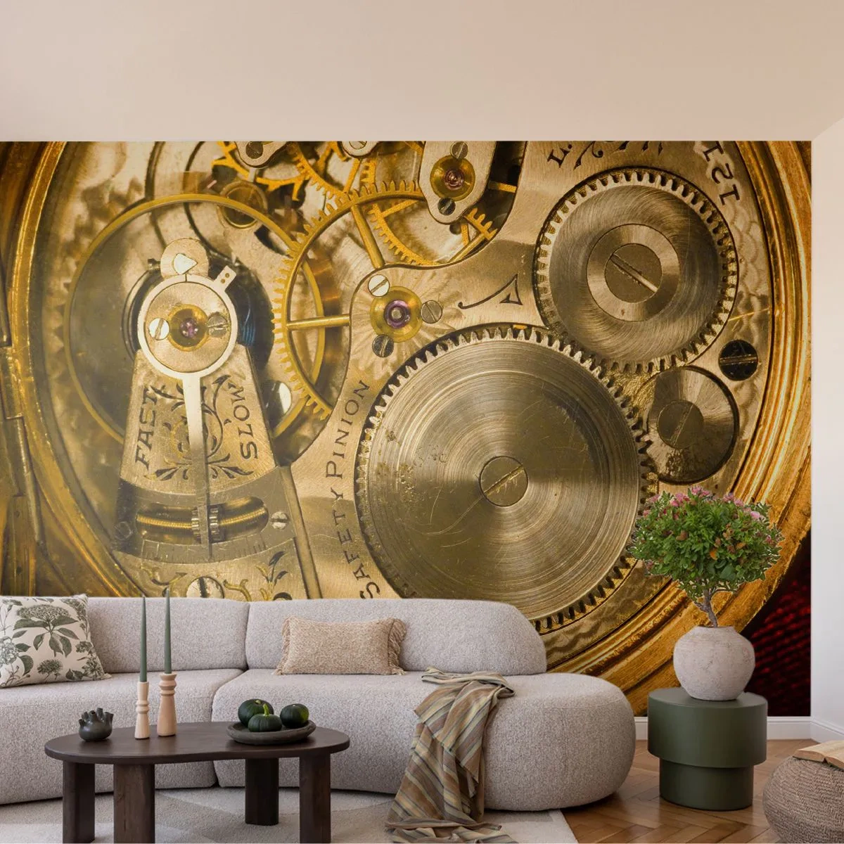 Fototapeta Premium Sand - Mechanizm zegarka z widocznymi trybikami - 100x70cm - Idź z duchem czasu - Nowoczesna dekoracja ścienna do salonu, kuchni i sypialni ARTTOR