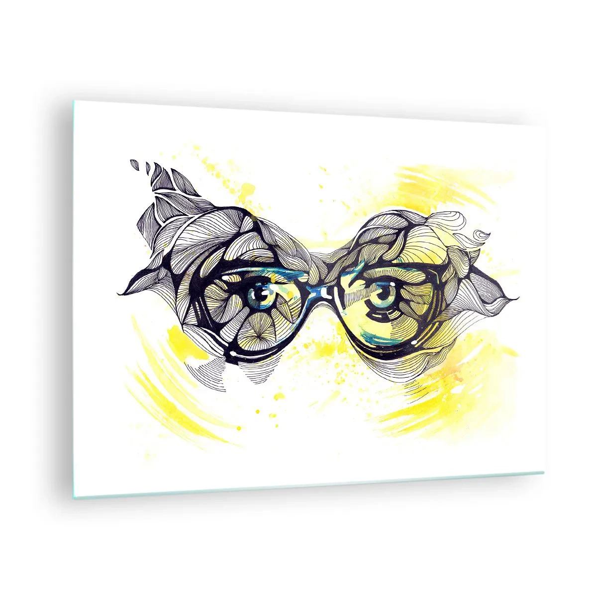 Obraz na szkle - Okulary z artystycznymi wzorami i oczami na tle w żółtych tonacjach - 70x50cm - Przez błękitne okulary - Nowoczesna dekoracja ścienna do salonu i sypialni ARTTOR