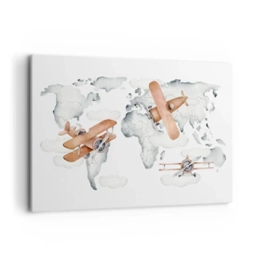 Obraz na płótnie - Ilustracja mapy świata z samolotami - 120x80cm - W pionierskim duchu - Nowoczesna dekoracja ścienna do salonu, kuchni i sypialni ARTTOR