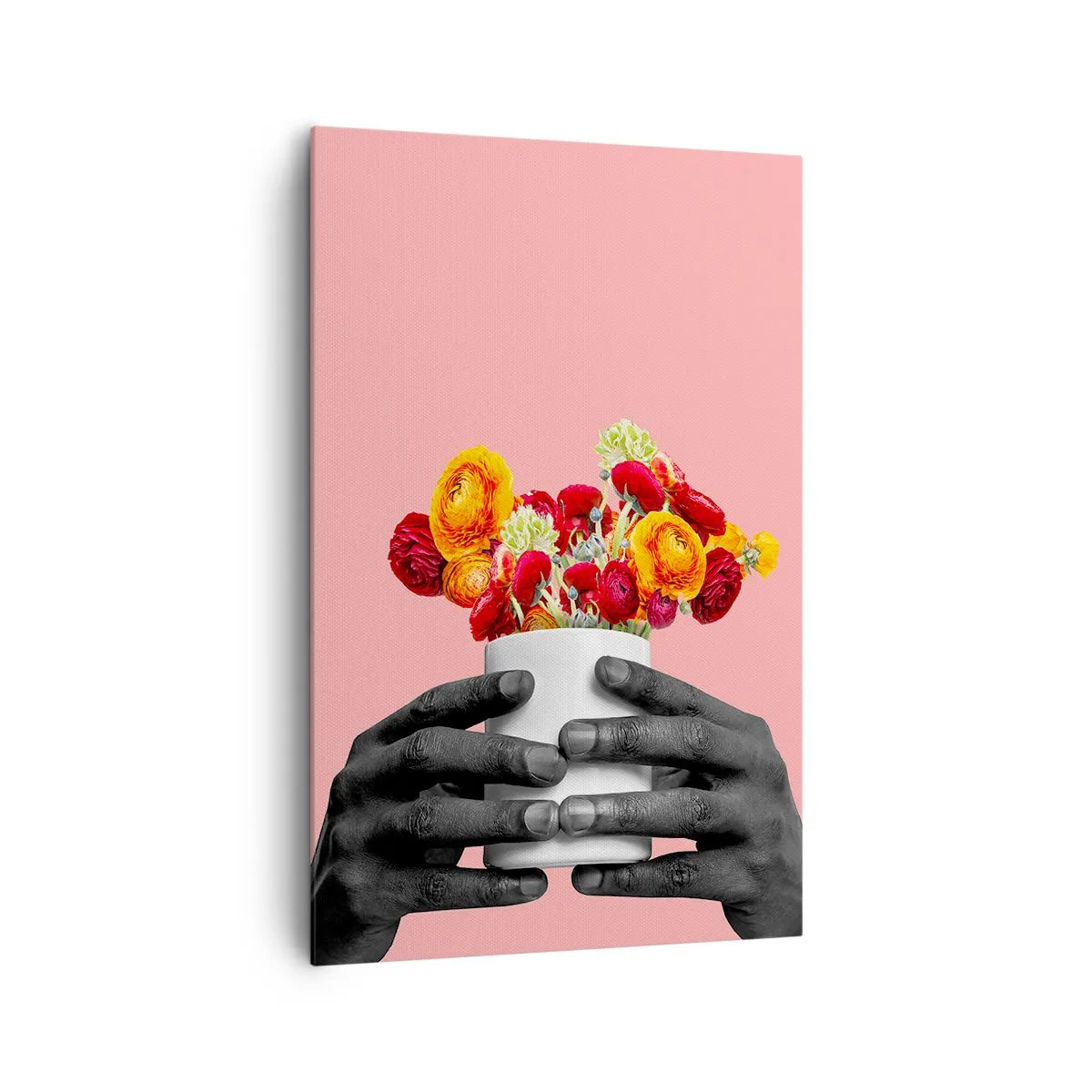 Obraz na płótnie - Dłonie trzymające bukiet kolorowych kwiatów - 80x120cm - Apoteoza życia - Nowoczesna dekoracja ścienna do salonu i sypialni ARTTOR