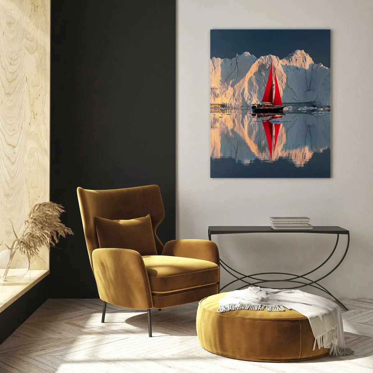 Obraz na szkle - Żaglówka z czerwonym żaglem na tle lodowca - 70x100cm - Na krańcu świata - Nowoczesna dekoracja ścienna do salonu i sypialni ARTTOR