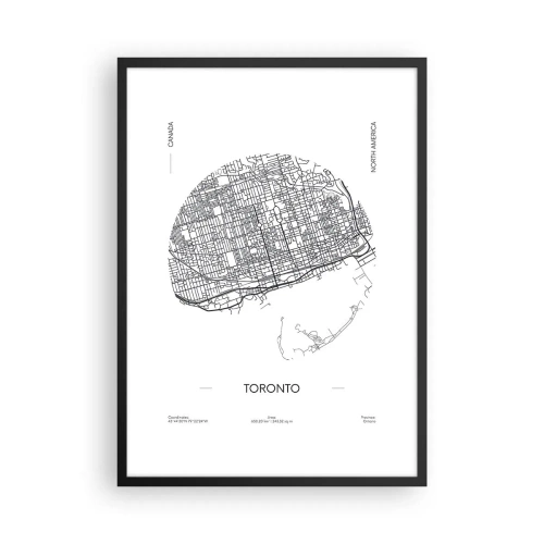 Plakat w czarnej ramie - Minimalistyczna mapa Toronto w czarno-białej tonacji - 50x70cm - Anatomia Toronto - Nowoczesna dekoracja ścienna do salonu i sypialni ARTTOR