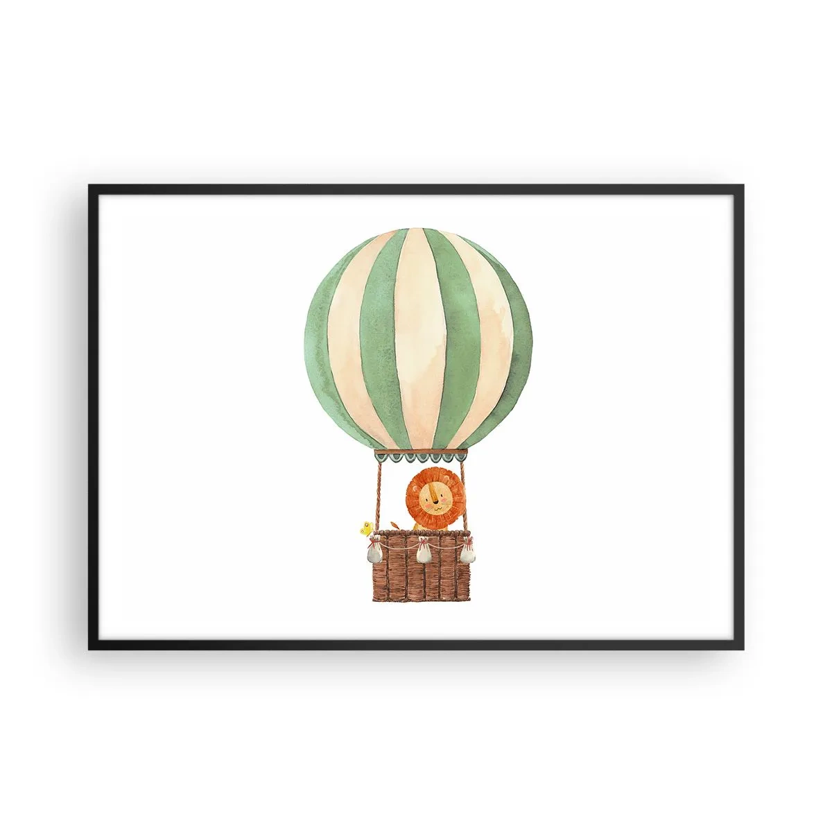 Plakat w czarnej ramie - Balon z uśmiechniętym lwem w koszu w pastelowych barwach - 100x70cm - Podróże Leona - Nowoczesna dekoracja ścienna do salonu i sypialni ARTTOR