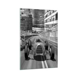 Obraz na szkle - Monochromatyczna scena wyścigu retro samochodów - 80x120cm - Dawno temu w Monte Carlo - Nowoczesna dekoracja ścienna do salonu i sypialni ARTTOR