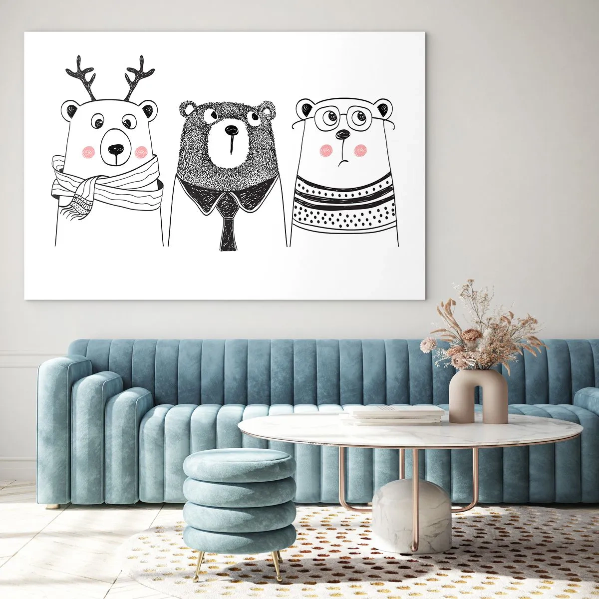 Obraz na szkle - Trzy zabawne niedźwiadki w czarno-białej ilustracji - 70x50cm - Miś, misiaczek i misio - Nowoczesna dekoracja ścienna do salonu i sypialni ARTTOR