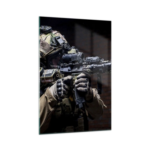 Obraz na szkle - Żołnierz w pełnym ekwipunku z karabinem - 70x100cm - Zabójczo skuteczny - Nowoczesna dekoracja ścienna do salonu i sypialni ARTTOR
