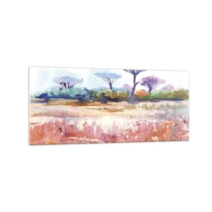 Obraz na szkle - Malowniczy krajobraz sawanny w akwarelowych barwach - 120x50cm - Kolory sawanny - Nowoczesna dekoracja ścienna do salonu i sypialni ARTTOR