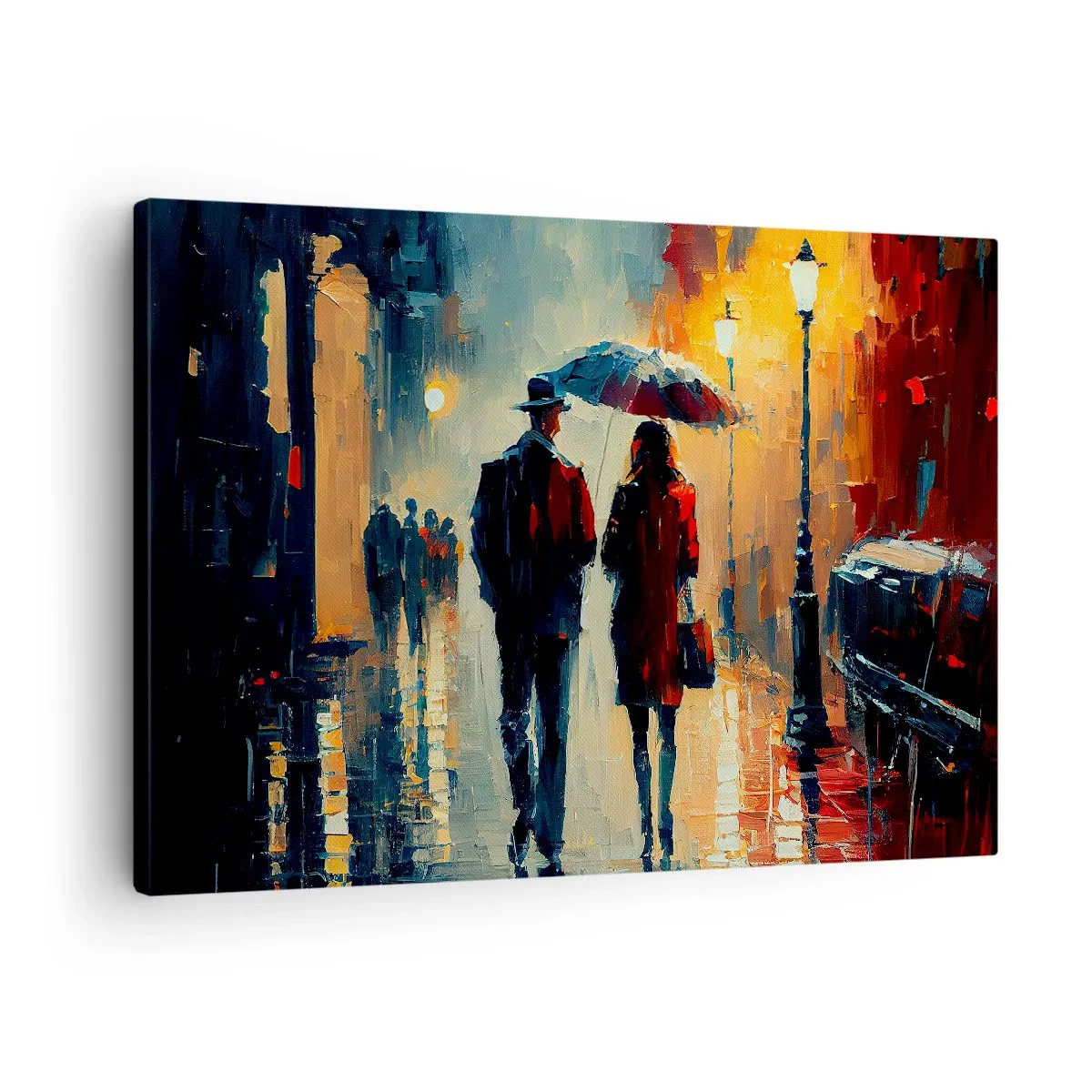 Obraz na płótnie - Spacer w deszczu pod parasolem w mieście nocą - 70x50cm - Miejska love story - Nowoczesna dekoracja ścienna do salonu i sypialni ARTTOR