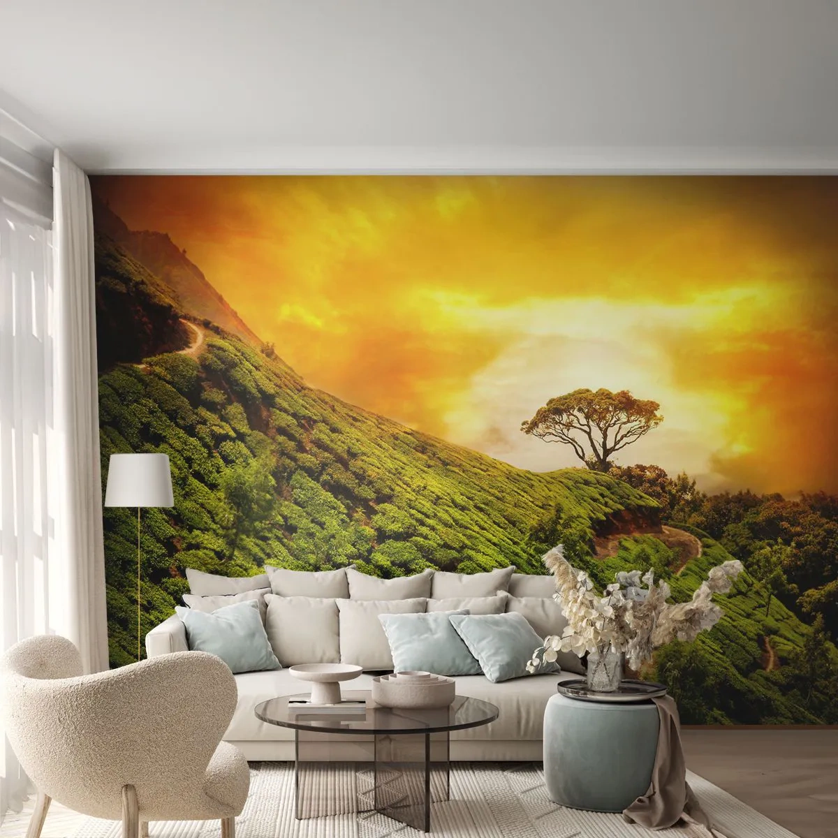 Fototapeta Premium Sand - Zielone wzgórza herbaciane o zachodzie słońca - 100x70cm - Krętą ścieżką, zielonym zboczem - Nowoczesna dekoracja ścienna do salonu, kuchni i sypialni ARTTOR