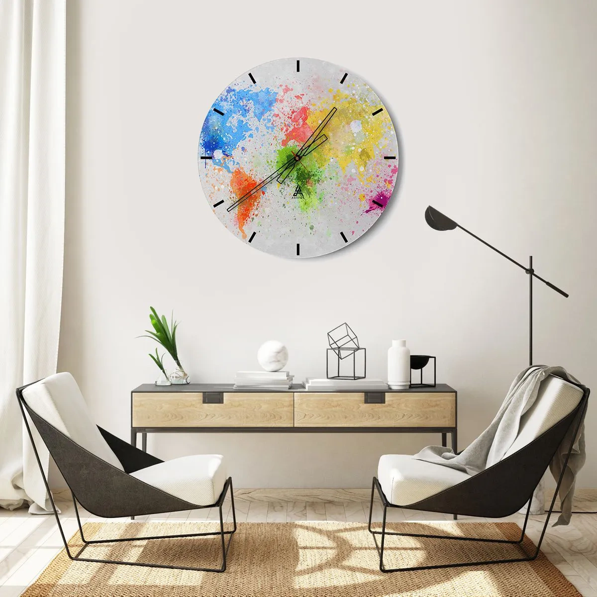 Zegar ścienny - Kolorowa mapa świata w formie akwarelowych plam - 30x30cm - Wszystkie barwy świata - Nowoczesna dekoracja ścienna do salonu, kuchni i sypialni ARTTOR