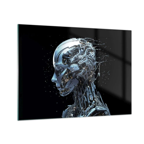 Obraz na szkle - Profil kobiecego robota z przewodami i mechanizmami - 70x50cm - Technologia jest kobietą - Nowoczesna dekoracja ścienna do salonu i sypialni ARTTOR