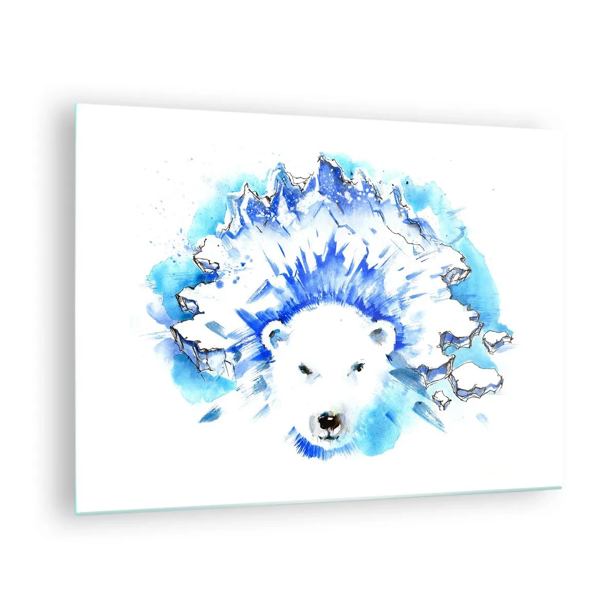 Obraz na szkle - Niedźwiedź polarny na tle lodowych gór w odcieniach błękitu - 70x50cm - Król Arktyki w lodowej koronie - Nowoczesna dekoracja ścienna do salonu i sypialni ARTTOR