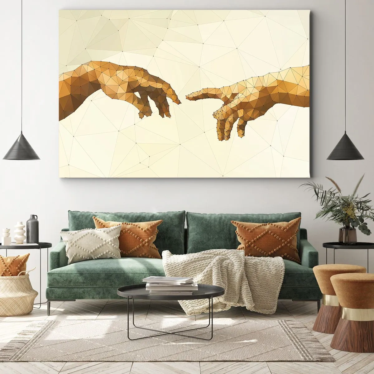 Obraz na płótnie - Geometryczne dłonie wyciągające się ku sobie na jasnym tle - 100x70cm - Boska geometria - Nowoczesna dekoracja ścienna do salonu, kuchni i sypialni ARTTOR