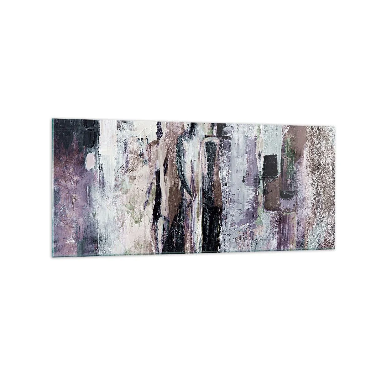 Obraz na szkle - Abstrakcyjna kompozycja z trzema postaciami w pastelowych barwach - 120x50cm - Tajemnicza trójka - Nowoczesna dekoracja ścienna do salonu i sypialni ARTTOR