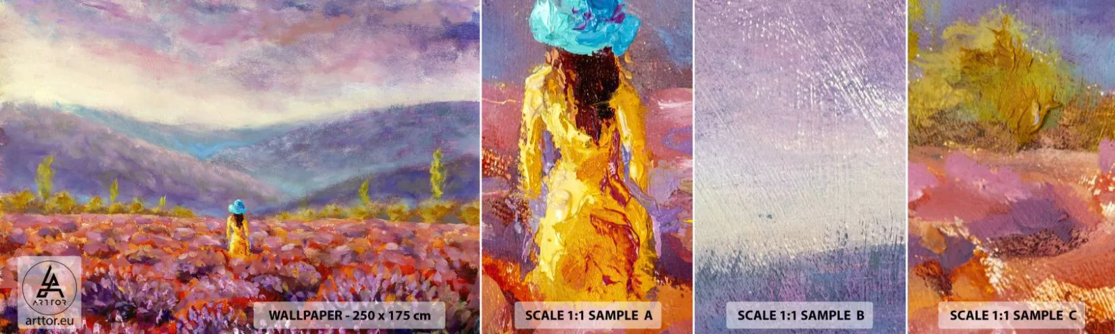 Fototapeta Próbka Samoprzylepna Deluxe Sticker - W lawendowym świecie - Krajobraz, Kobieta, Pole Lawendy - 100x30 cm