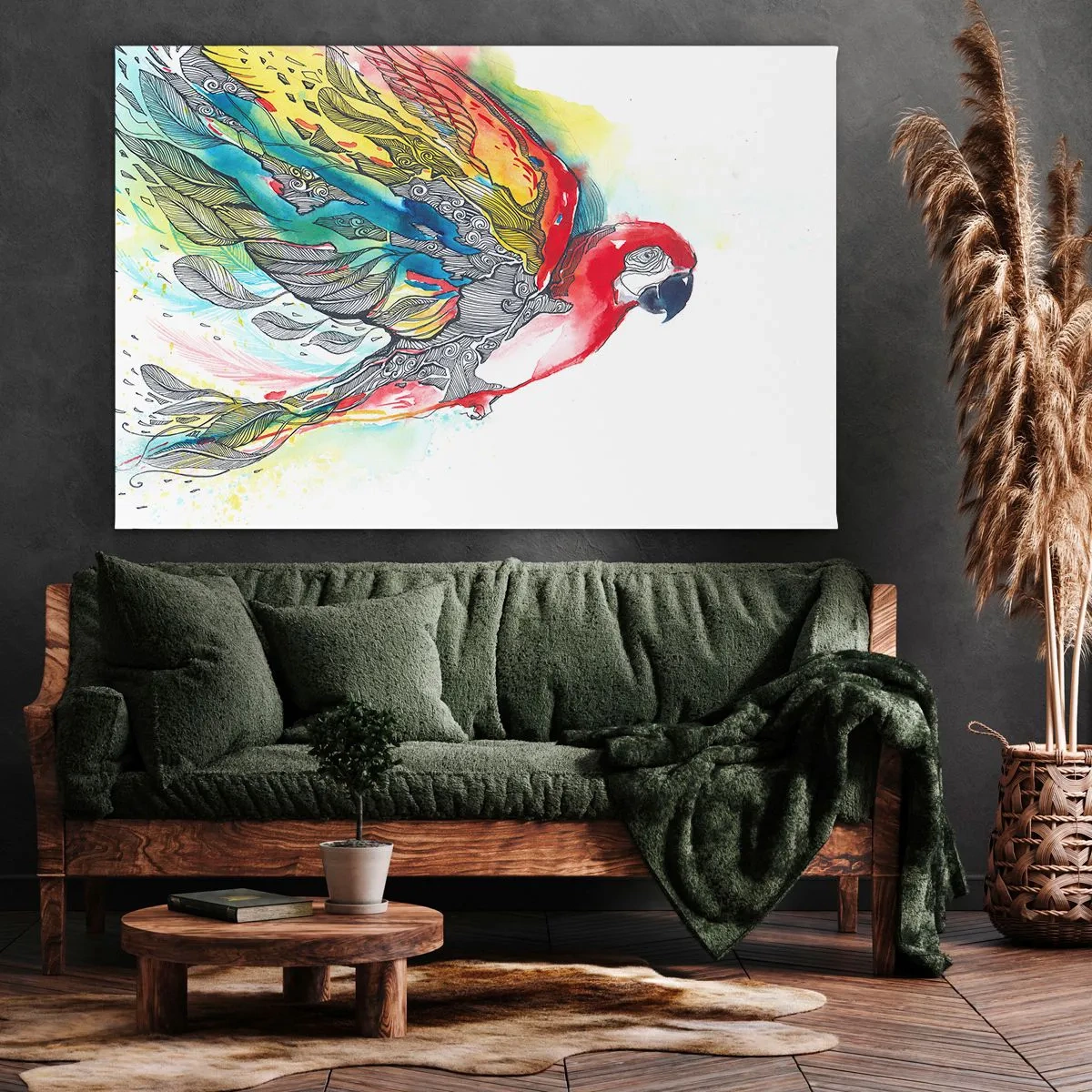Obraz na płótnie - Kolorowa papuga w locie z abstrakcyjnymi wzorami na skrzydłach - 70x50cm - Żyj kolorowo - Nowoczesna dekoracja ścienna do salonu i sypialni ARTTOR