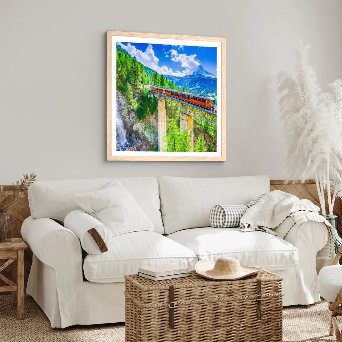 Plakat w ramie jasny dąb - Kolej na Alpy - 40x40 cm